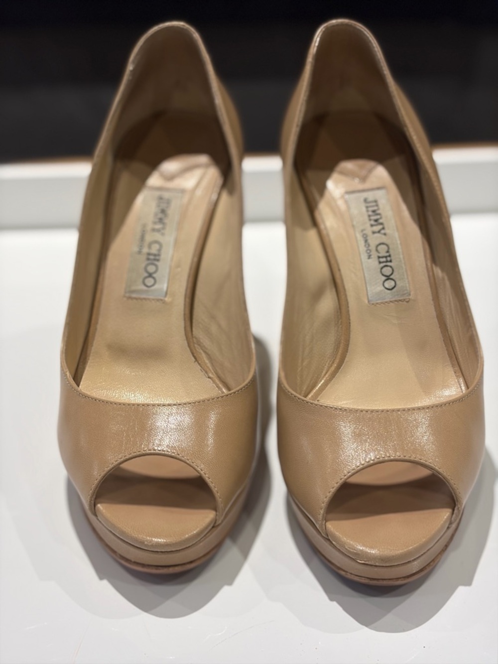 Jimmy Choo Beige Peep-Toe Leather Pumps